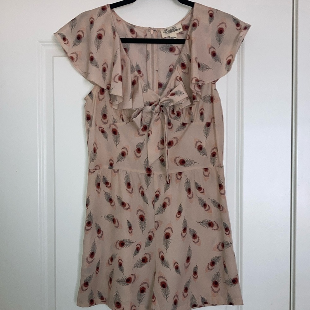 Forever 21 Cream and Red Feather Print Romper